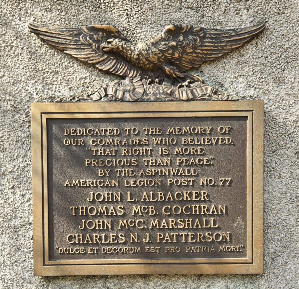 AMERICAN LEGION ASPINWALL POST 77 WAR MEMORIAL PLAQUE A