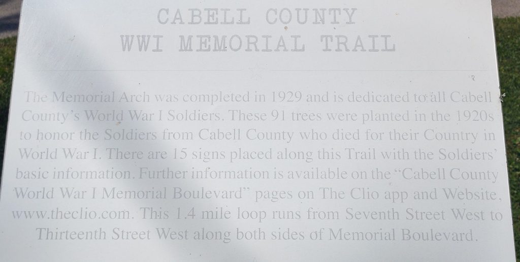 CABELL COUNTY WWI MEMORIAL TRAIL PLAQUE A