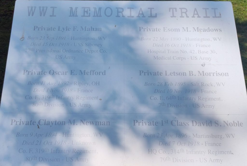 CABELL COUNTY WWI MEMORIAL TRAIL PLAQUE F