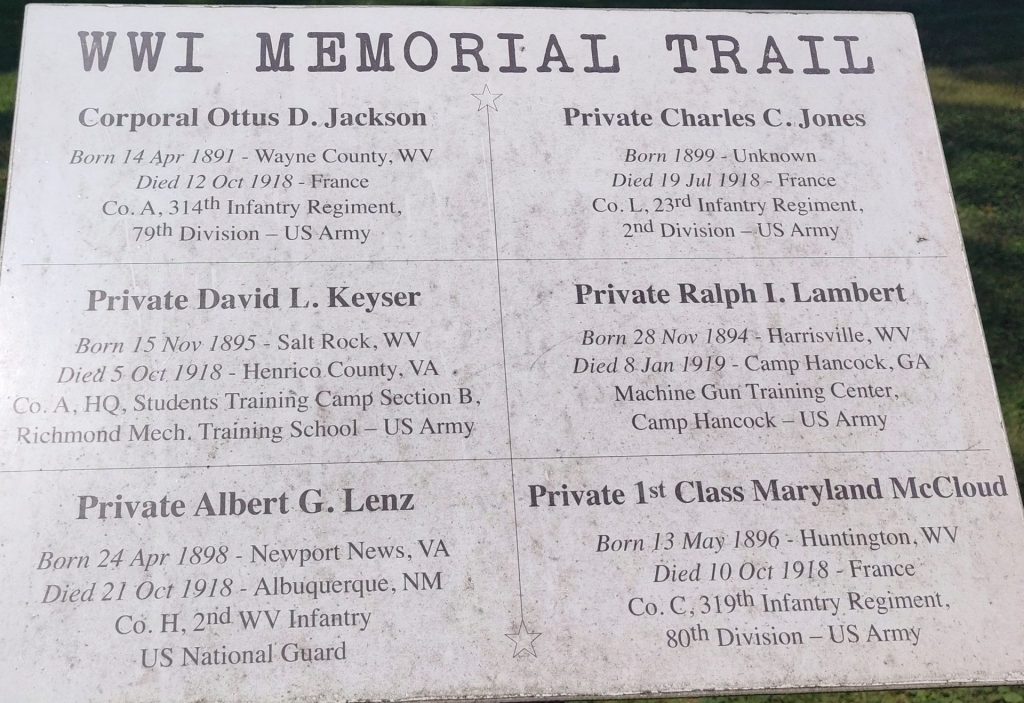 CABELL COUNTY WWI MEMORIAL TRAIL PLAQUE H