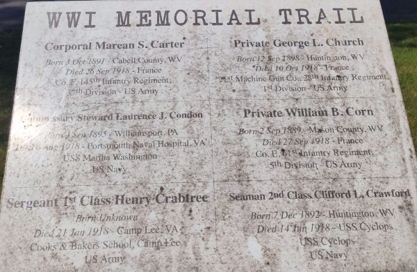 CABELL COUNTY WWI MEMORIAL TRAIL PLAQUE N