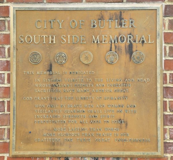 CITY OF BUTLER SOUTH SIDE MEMORIAL PLAQUE