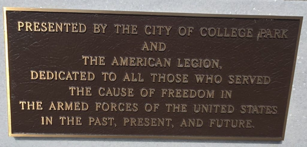 CITY OF COLLEGE PARK “FLAME OF FREEDOM” WAR MEMORIAL PLAQUE B