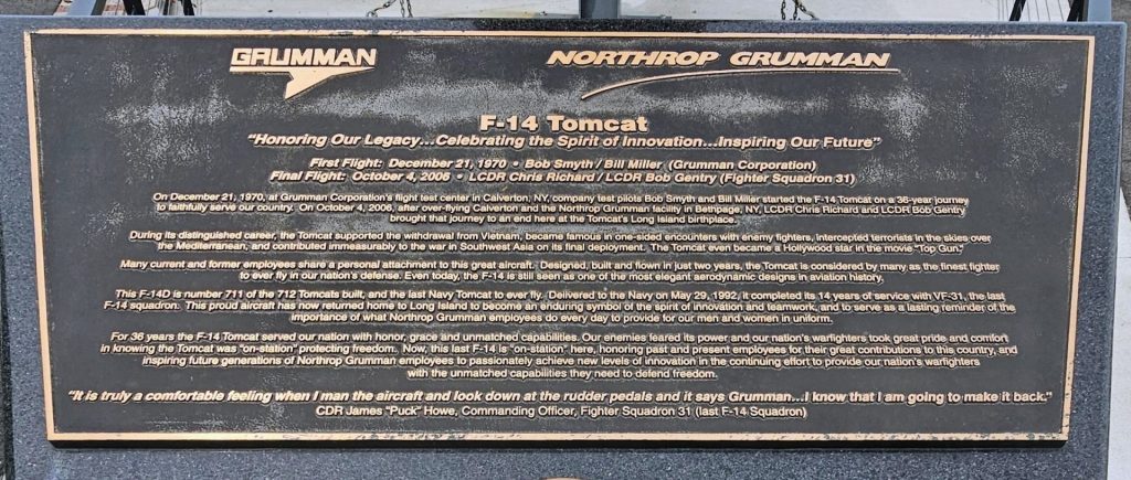 F-14 TOMCAT WAR MEMORIAL PLAQUE A