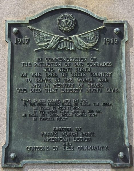 FRANK ROACH POST AMERICAN LEGION WORLD WAR MEMORIAL PLAQUE