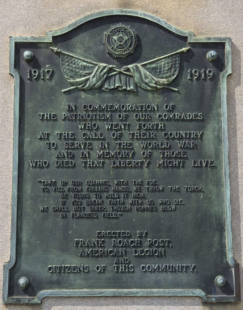 FRANK ROACH POST AMERICAN LEGION WORLD WAR MEMORIAL PLAQUE