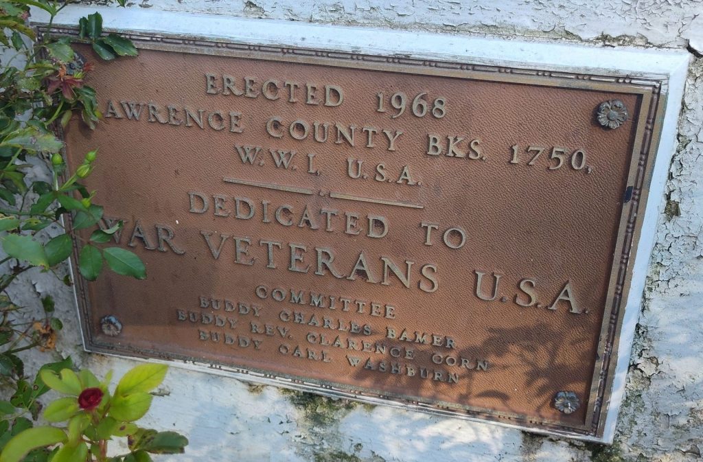 LAWRENCE COUNTY BKS.  W.W.I, U.S.A. WAR MEMORIAL PLAQUE