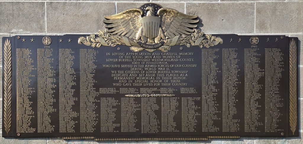 LOWER BURRELL TOWNSHIP WORLD WAR II HONOR ROLL MEMORIAL PLAQUE