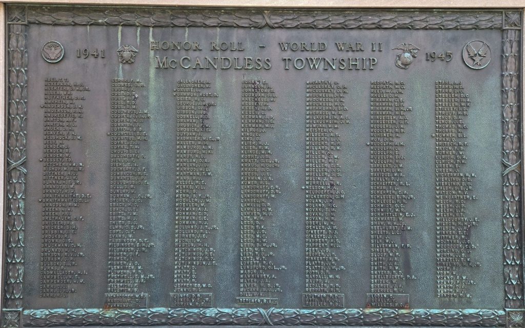 MCCANDLESS TOWNSHIP HONOR ROLL WORLD WAR II MEMORIAL PLAQUE A