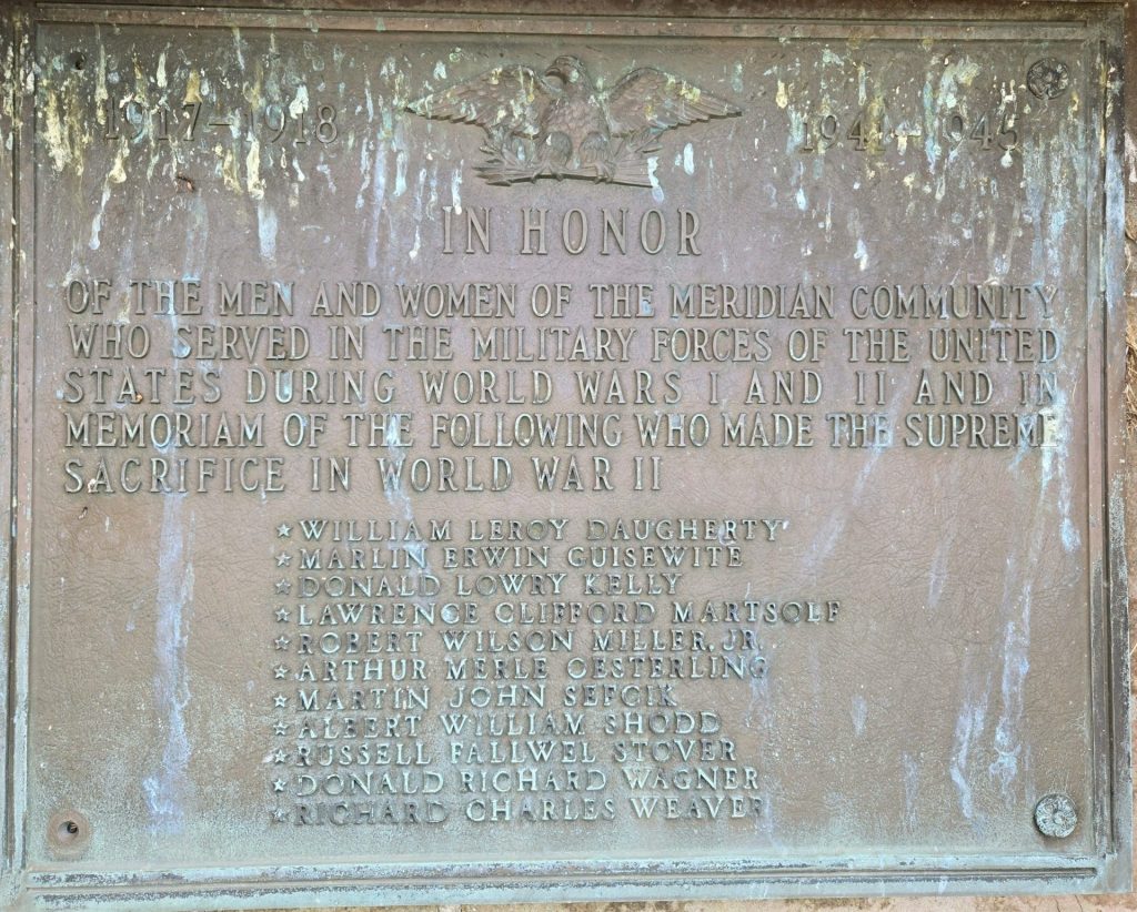 MERIDIAN COMMUNITY WORLD WARS I AND II VETERANS MEMORIAL PLAQUE