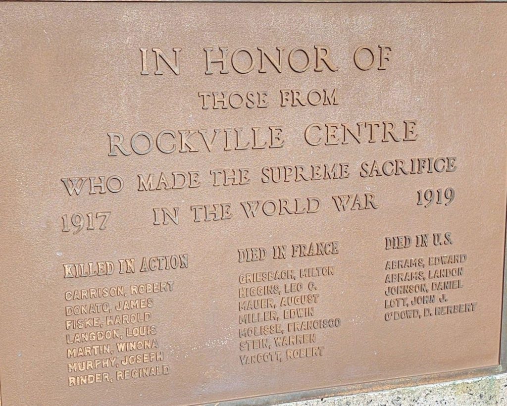ROCKVILLE CENTRE SUPREME SACRIFICE WORLD WAR MEMORIAL PLAQUE