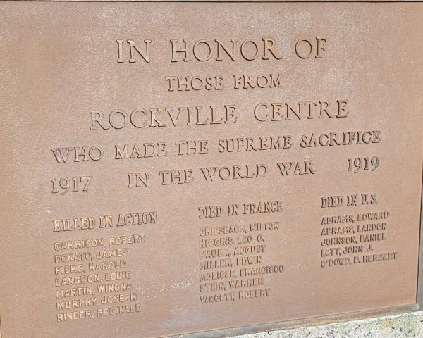 ROCKVILLE CENTRE SUPREME SACRIFICE WORLD WAR MEMORIAL PLAQUE
