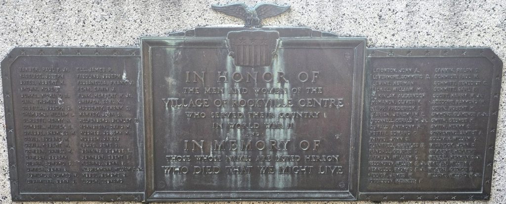 VILLAGE OF ROCKVILLE CENTRE WORLD WAR II MEMORIAL PLAQUE