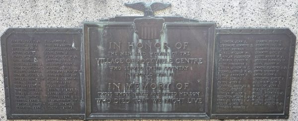 VILLAGE OF ROCKVILLE CENTRE WORLD WAR II MEMORIAL PLAQUE