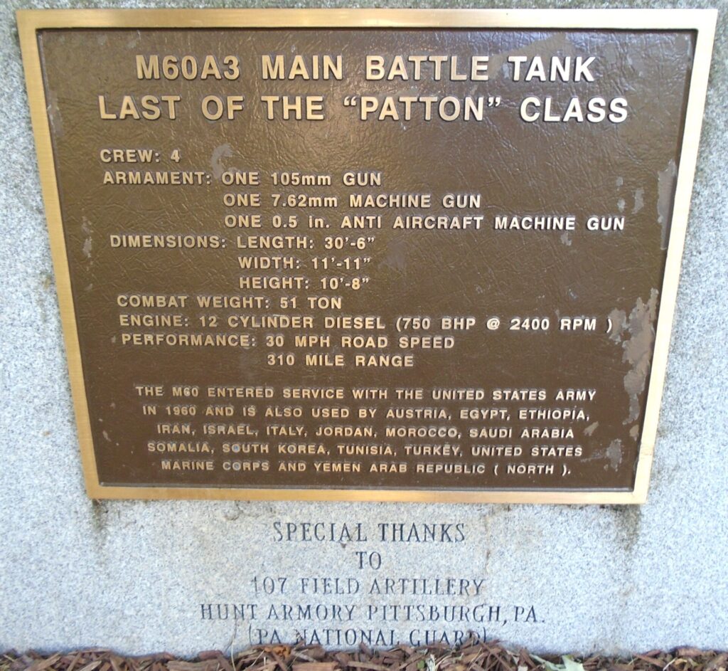 M60A3 MAIN BATTLE TANK LAST OF THE “PATTON” CLASS MEMORIAL PLAQUE