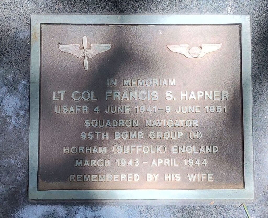 LT COL FRANCIS S. HAPNER WAR MEMORIAL PLAQUE