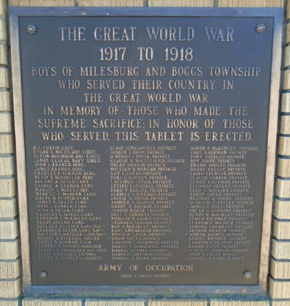 MILESBURG WAR VETERANS MEMORIAL PLAQUE D