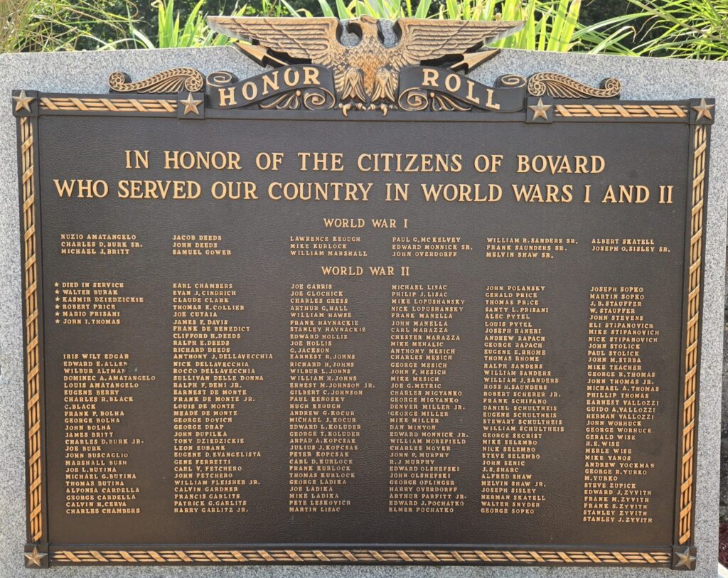 CITIZENS OF BOVARD WORLD WARS I AND II VETERANS MEMORIAL PLAQUE