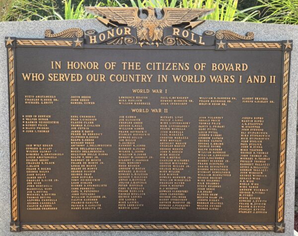 CITIZENS OF BOVARD WORLD WARS I AND II VETERANS MEMORIAL PLAQUE