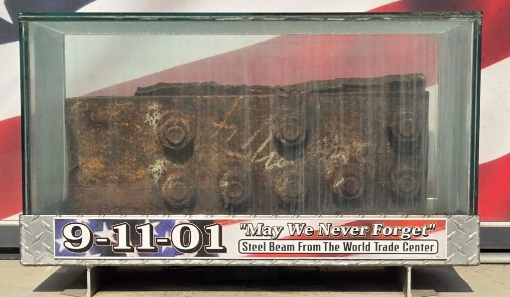 “MAY WE NEVER FORGET” STEEL BEAM MEMORIAL CLOSE-UP