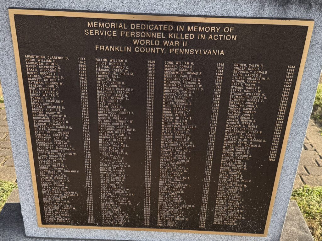 FRANKLIN COUNTY WORLD WAR II KILLED IN ACTION MEMORIAL PLAQUE