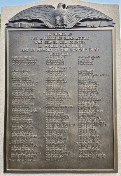 CITIZENS OF HANNASTOWN HONOR ROLL WAR MEMORIAL PLAQUE A