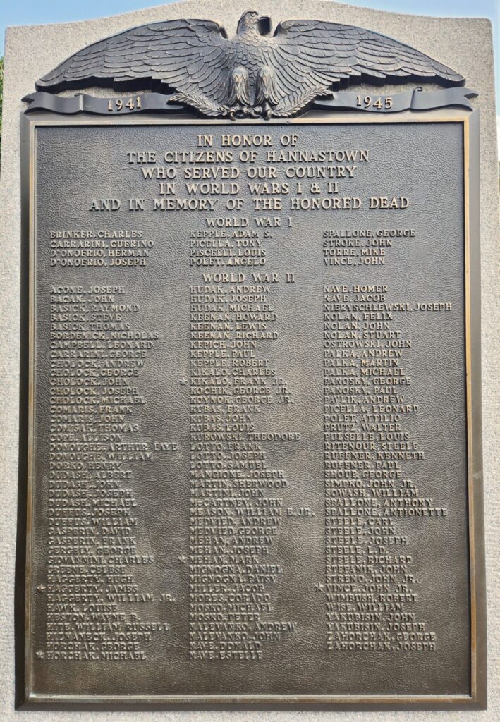 CITIZENS OF HANNASTOWN HONOR ROLL WAR MEMORIAL PLAQUE A