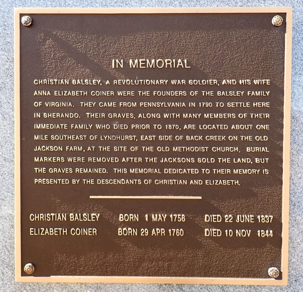 IN MEMORIAL CHRISTIAN BALSLEY REVOLUTIONARY WAR SOLDIER MEMORIAL CEMETERY STONE PLAQUE