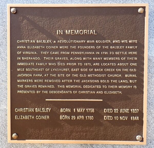 IN MEMORIAL CHRISTIAN BALSLEY REVOLUTIONARY WAR SOLDIER MEMORIAL CEMETERY STONE PLAQUE