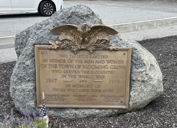 TOWN OF BLOOMING GROVE WORLD WAR MEMORIAL PLAQUE