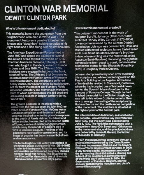DEWITT CLINTON PARK WORLD WAR I MEMORIAL PLAQUE