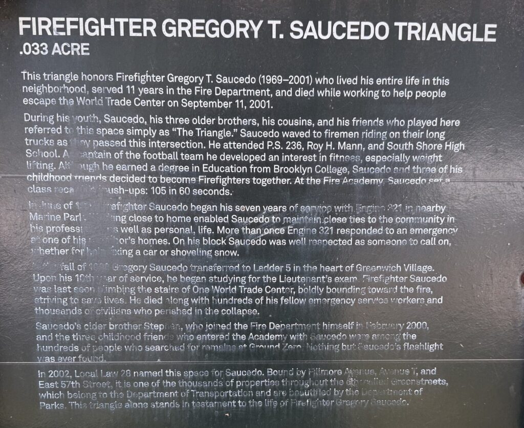 FIREFIGHTER GREGORY T. SAUCEDO TRIANGLE MEMORIAL PLAQUE
