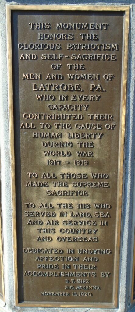 LATROBE, PA WORLD WAR MEMORIAL PLAQUE A