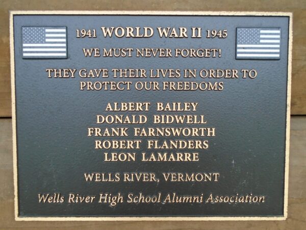 WELLS RIVER HIGH SCHOOL ALUMNI ASSOCIATION WORLD WAR II MEMORIAL PLAQUE