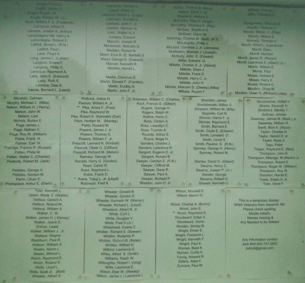 HAVERHILL WW II HONOR ROLL MEMORIAL PANEL B