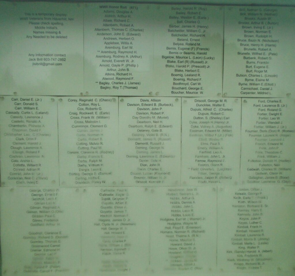 HAVERHILL WW II HONOR ROLL MEMORIAL PANEL A