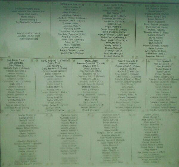 HAVERHILL WW II HONOR ROLL MEMORIAL PANEL A