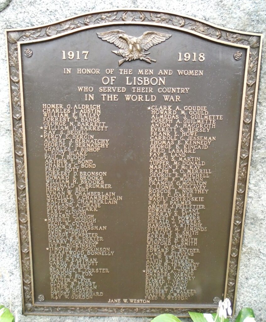 MEN AND WOMEN OF LISBON WORLD WAR MEMORIAL PLAQUE