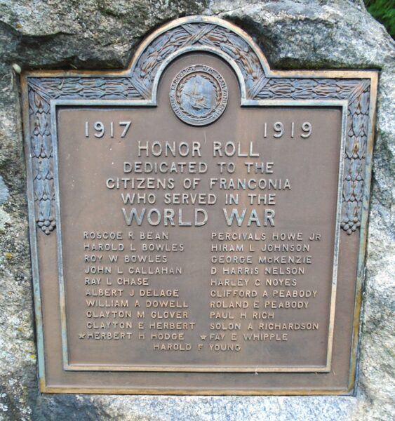 CITIZENS OF FRANCONIA WORLD WAR MEMORIAL PLAQUE