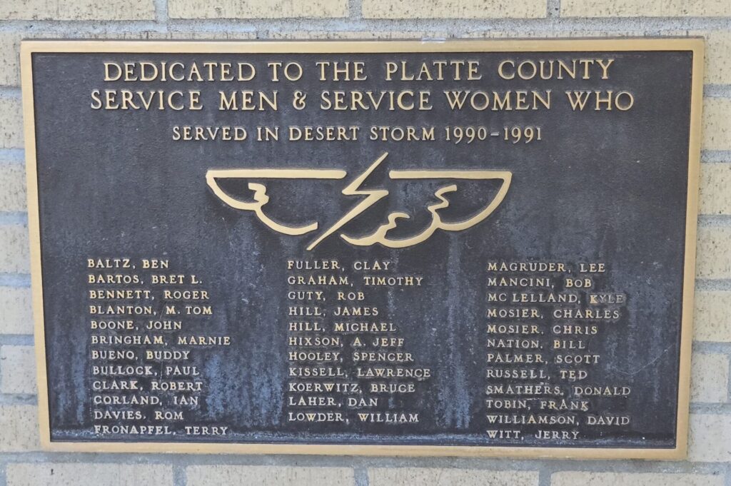 DEDICATED TO THE PLATTE COUNTY SERVICE MEN AND SERVICE WOMEN MEMORIAL PLAQUE B