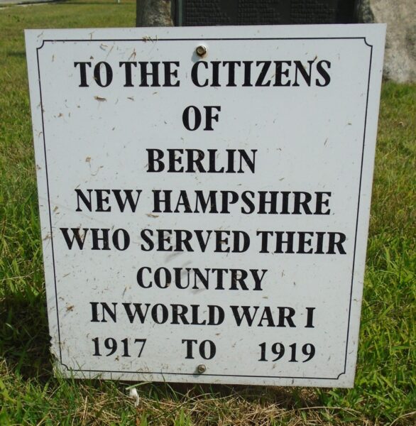 CITIZENS OF BERLIN NEW HAMPSHIRE WORLD WAR I MEMORIAL PLAQUE