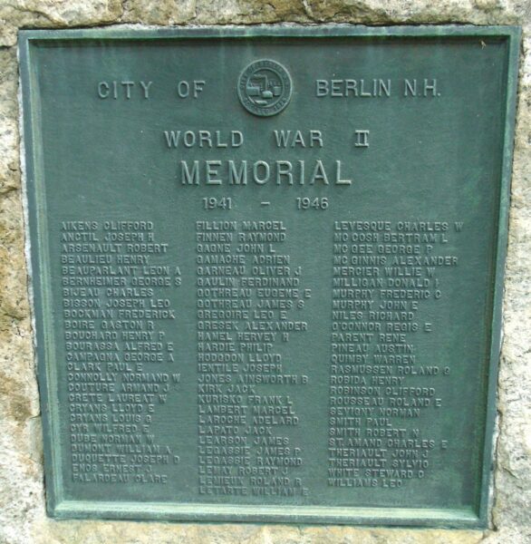 CITY OF BERLIN, NH WORLD WAR II MEMORIAL PLAQUE