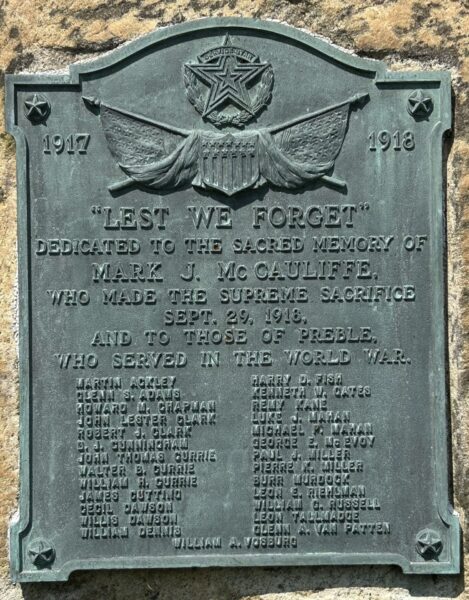 PREBLE “LEST WE FORGET” WORLD WAR MEMORIAL PLAQUE