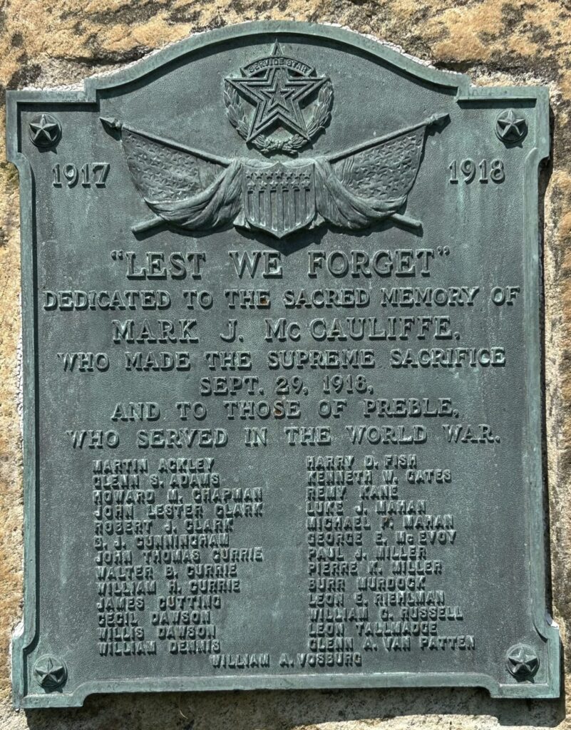 PREBLE “LEST WE FORGET” WORLD WAR MEMORIAL PLAQUE