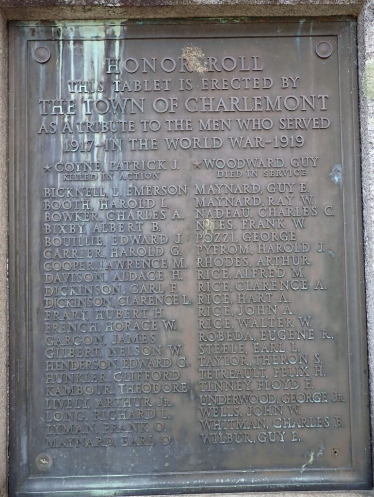 TOWN OF CHARLEMONT WORLD WAR MEMORIAL PLAQUE