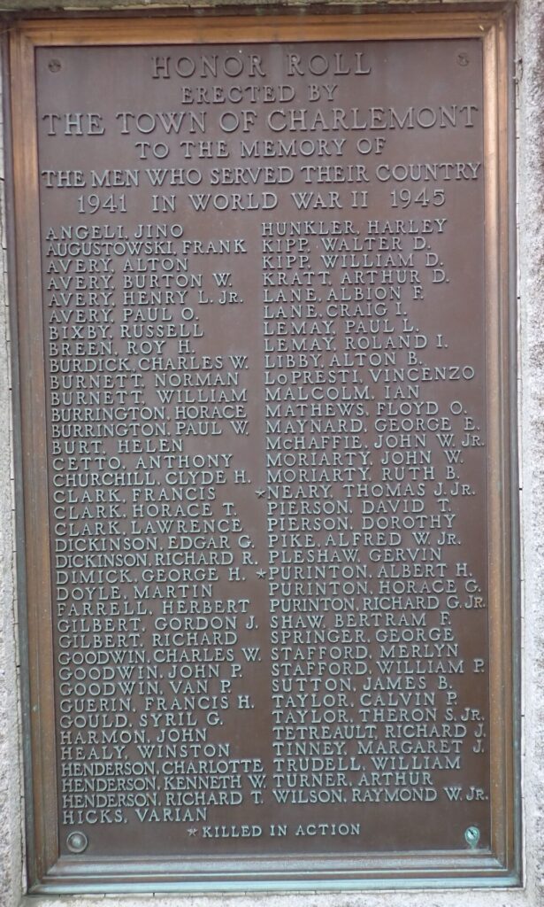 TOWN OF CHARLEMONT WORLD WAR II VETERANS MEMORIAL PLAQUE