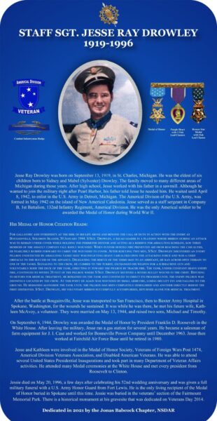STAFF SGT. JESSE RAY DROWLEY MEDAL OF HONOR WAR MEMORIAL PLAQUE