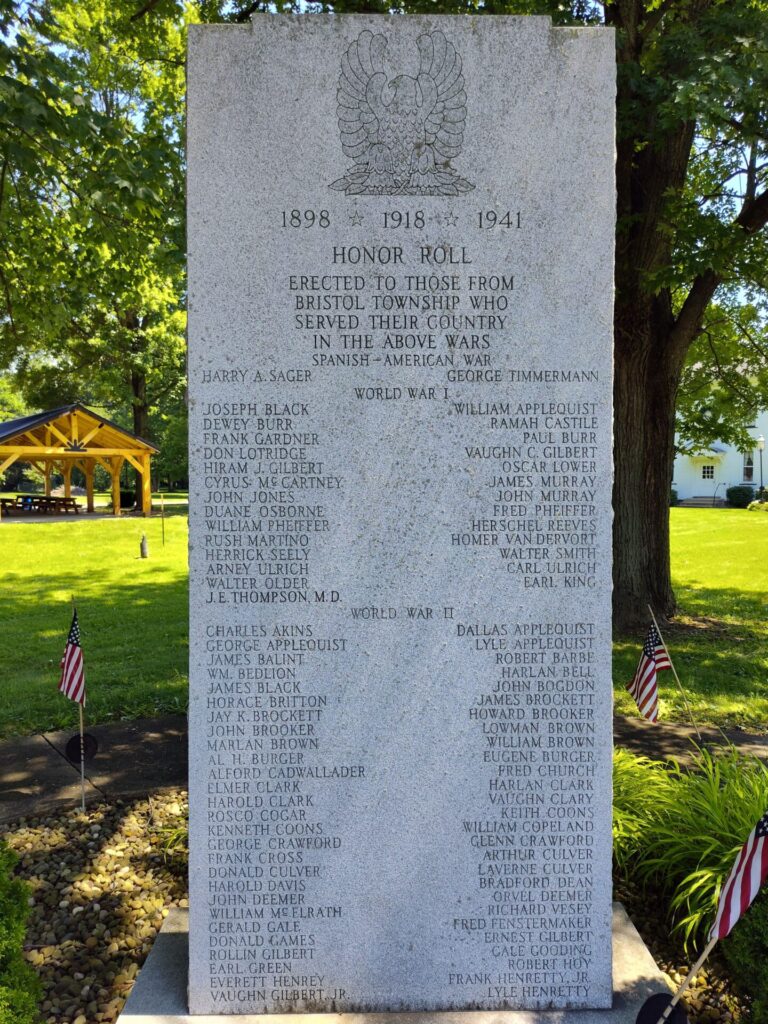 BRISTOL TOWNSHOP WAR VETERANS HONOR ROLL MEMORILA FRONT