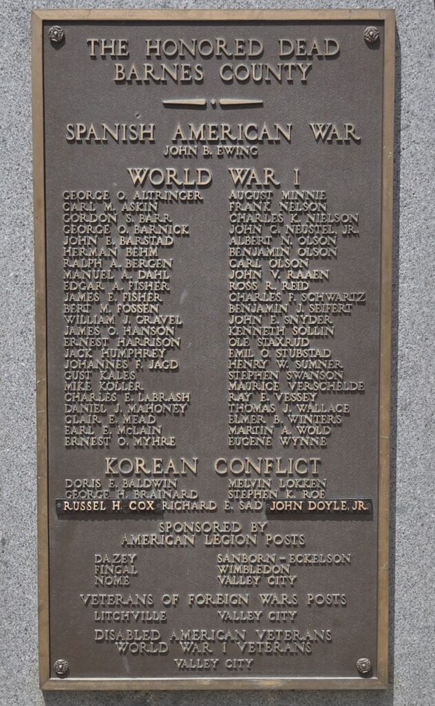 THE HONORED DEAD BARNES COUNTY MEMORIAL PLAQUE A