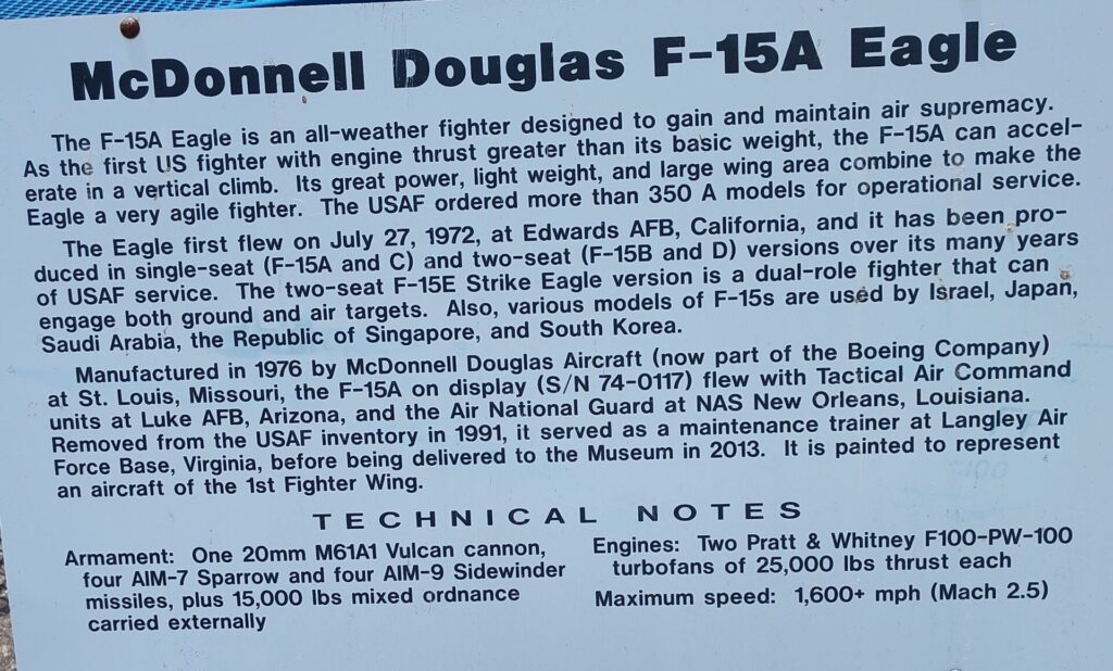 MCDONNELL DOUGLAS F-15A EAGLE MEMORIAL PLAQUE